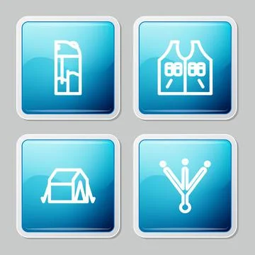 Set line Lighter, Hunting jacket, Tourist tent and Bird footprint icon. Vector Stockillustratie
