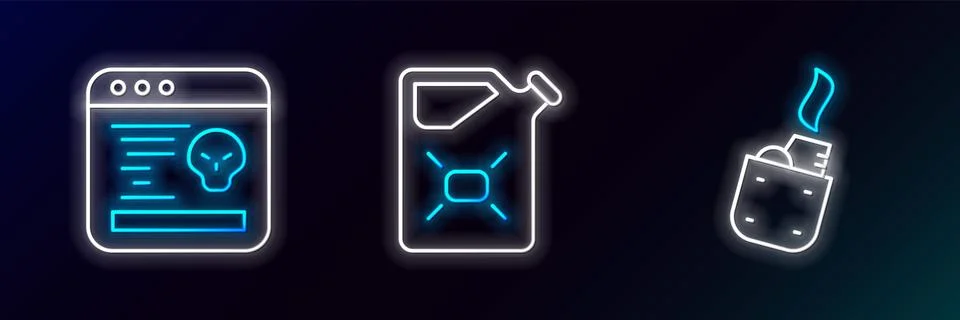 Set line Lighter, System bug and Canister fuel icon. Glowing neon. Vector Illustrazione stock