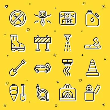 Set line Lighter, Traffic cone, Cigarette, Fire alarm system, Road barrier Illustration