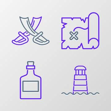Set line Lighthouse, Alcohol drink Rum, Pirate treasure map and Crossed pir.. Stock Illustration