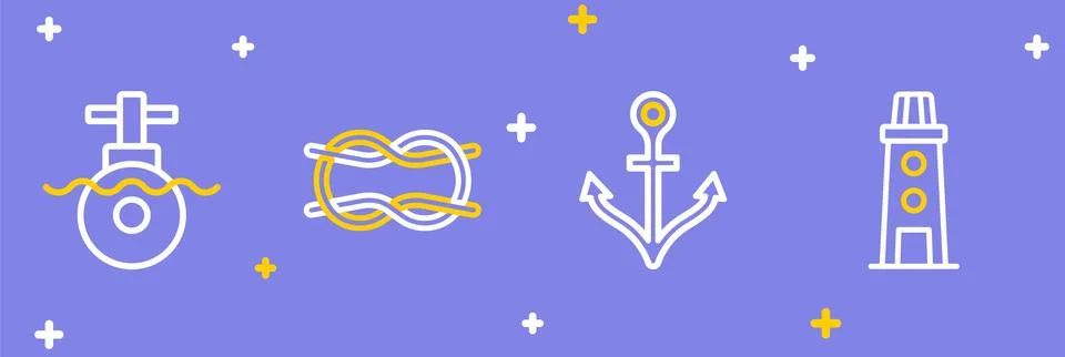 Set line Lighthouse, Anchor, Nautical rope knots and Submarine icon. Vector Illustrazione stock