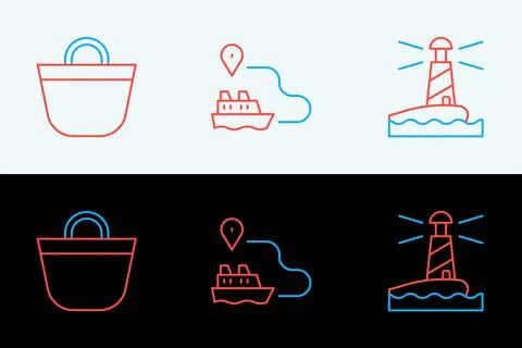Set line Lighthouse, Beach bag and Ship line path icon. Vector Ilustración de archivo