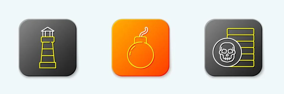 Set line Lighthouse, Bomb ready to explode and Pirate coin icon. Vector Stockillustratie