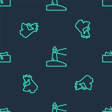 Set line Lighthouse, Canada map and Kayak or canoe on seamless pattern. Vector Stock Illustration