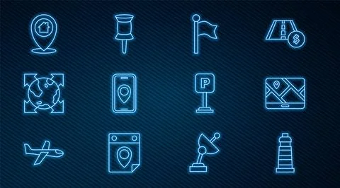 Set line Lighthouse, City map navigation, Location marker, World globe with.. Stock Illustration