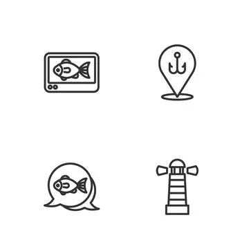 Set line Lighthouse, Fish, finder echo sounder and Fishing hook icon. Vector 스톡 일러스트
