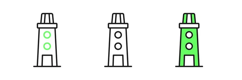 Set line Lighthouse icon isolated on white background.  Vector Stock Illustration