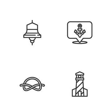 Set line Lighthouse, Nautical rope knots, Ship bell and Anchor icon. Vector Illustrazione stock