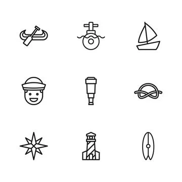 Set line Lighthouse, Nautical rope knots, Surfboard, Spyglass telescope len.. Ilustração Stock
