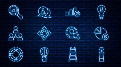 Set line Lighthouse, Pie chart and dollar, Financial growth, Project team base Stock Illustration