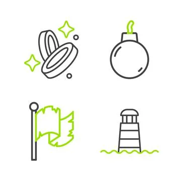 Set line Lighthouse, Pirate flag, Bomb ready to explode and coin icon. Vector Stockillustratie