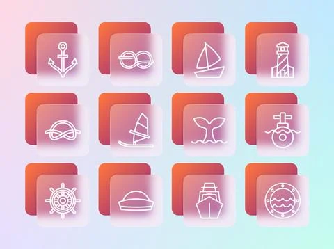 Set line Lighthouse, Sailor hat, Whale tail, Yacht sailboat, Windsurfing, A.. Ilustración de archivo