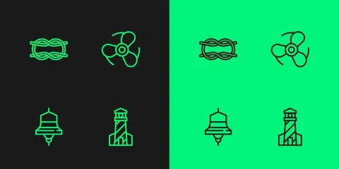 Set line Lighthouse, Ship bell, Nautical rope knots and Boat propeller icon Stock Illustration