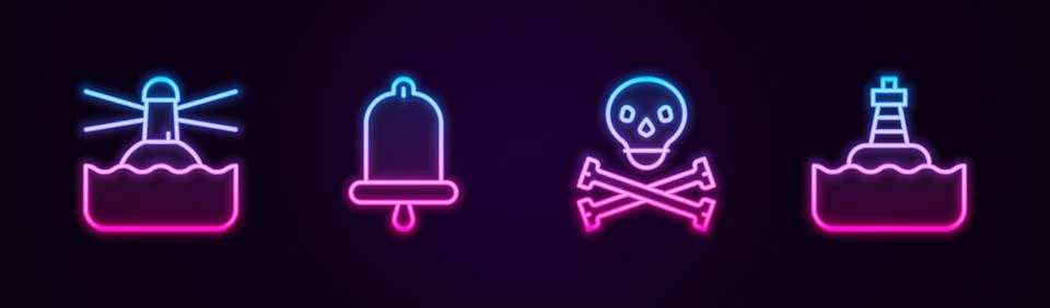 Set line Lighthouse, Ship bell, Skull on crossbones and Floating buoy. Glow.. Stock Illustration