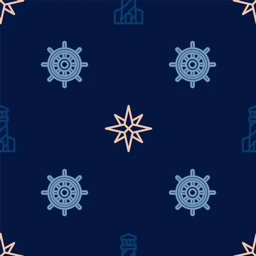 Set line Lighthouse, Ship steering wheel and Wind rose on seamless pattern Illustration