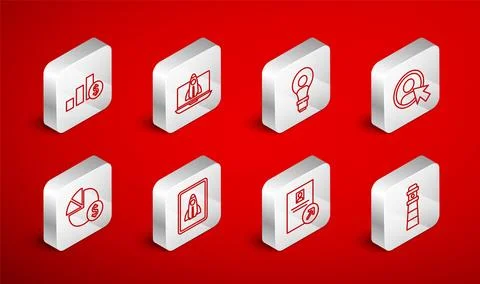 Set line Lighthouse, Startup project concept, Head with lamp bulb, Create Illustrazione stock