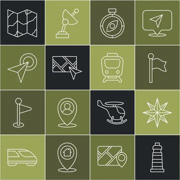 Set line Lighthouse, Wind rose, Location marker, Compass, City map navigation Stock Illustration