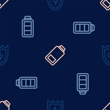 Set line Lightning and shield, Battery charge and on seamless pattern. Vector Stock Illustration