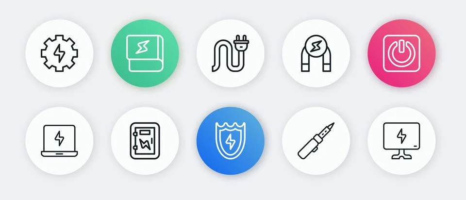 Set line Lightning and shield, Power button, Laptop, Soldering iron, Magnet.. Stock Illustration