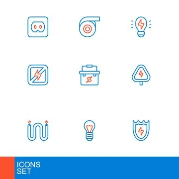 Set line Lightning and shield, Creative lamp light idea, Electric cable, Hi.. Stock Illustration