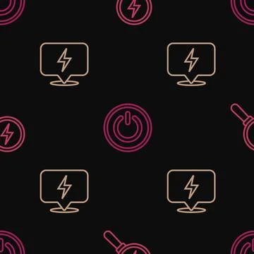 Set line Lightning bolt, and Power button on seamless pattern. Vector 스톡 일러스트