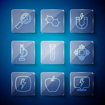 Set line Lightning bolt, Apple, Magnet, Test tube, Microscope, Microorganis.. Stockillustratie