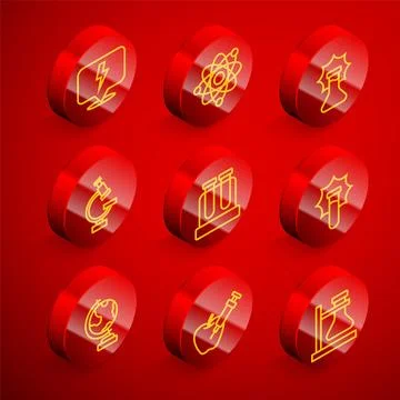 Set line Lightning bolt, Atom, Explosion the flask, Microscope, Test tube, .. Stock Illustration