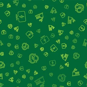 Set line Lightning bolt, Battery with recycle and Factory on seamless pattern Stock Illustration
