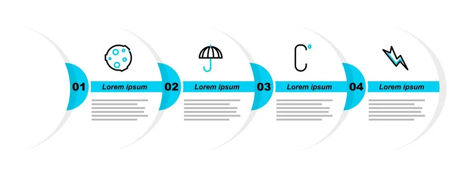 Set line Lightning bolt, Celsius, Umbrella and Moon icon. Vector Illustration
