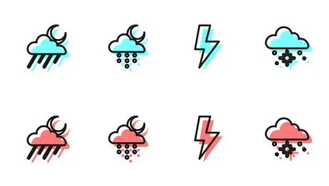 Set line Lightning bolt, Cloud with rain and moon, and snow icon. Vector Illustrazione stock