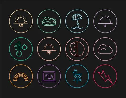 Set line Lightning bolt, Cloud, Sun protective umbrella for beach, Sunset Stock Illustration
