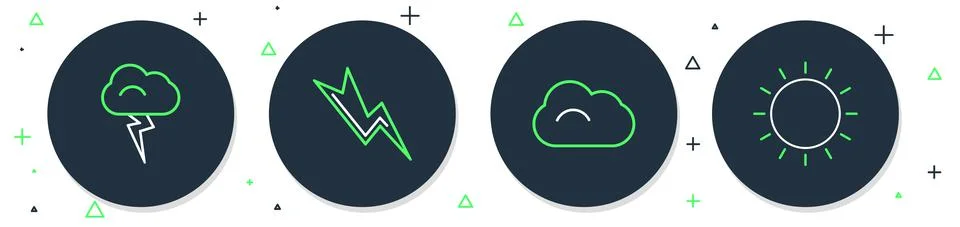 Set line Lightning bolt, Cloud, Storm and Sun icon. Vector Stock Illustration