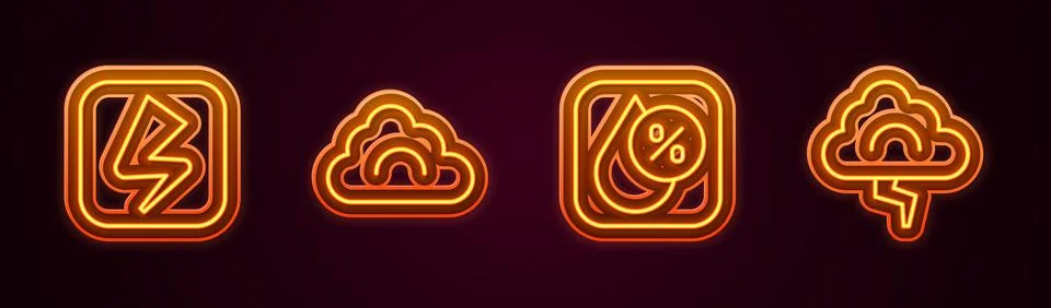 Set line Lightning bolt, Cloud, Water drop percentage and and lightning. Glowing Stock Illustration