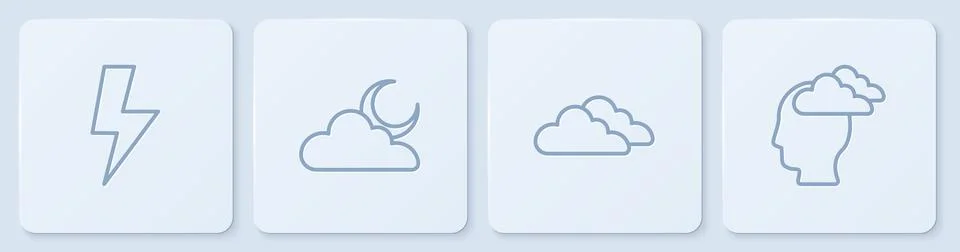 Set line Lightning bolt, Cloud, with moon and Man having headache. White sq.. Stock Illustration