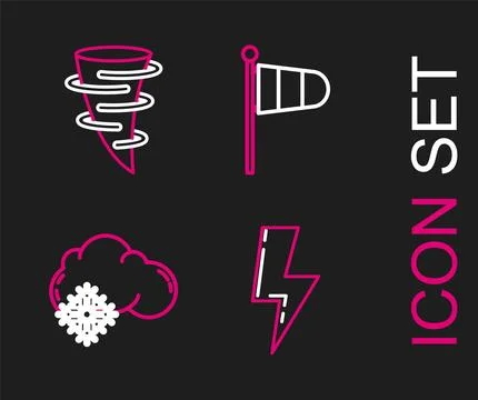 Set line Lightning bolt, Cloud with snow, Cone meteorology windsock wind va.. Stock Illustration