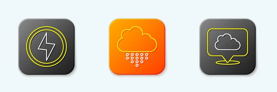 Set line Lightning bolt, Cloud with rain and Location cloud icon. Vector Ilustración de archivo