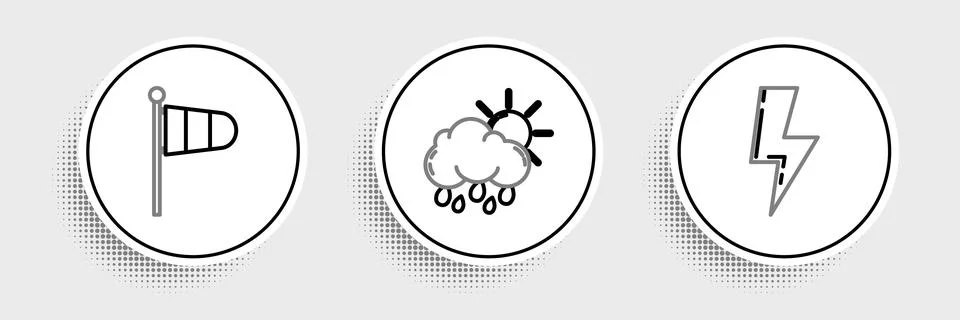 Set line Lightning bolt, Cone meteorology windsock wind vane and Cloud with rain Stock Illustration