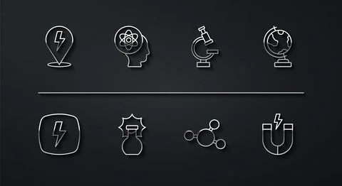 Set line Lightning bolt, Earth globe, Molecule, Explosion the flask, Atom, .. 스톡 일러스트