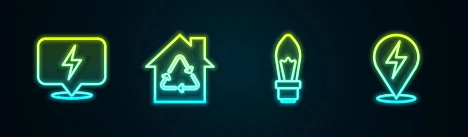 Set line Lightning bolt, Eco House with recycling, bulb and . Glowing neon icon Ilustración de archivo