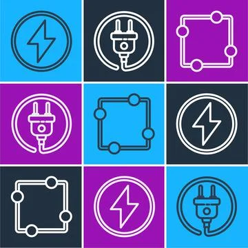 Set line Lightning bolt, Electric circuit scheme and Electric plug icon. Vector イラスト素材