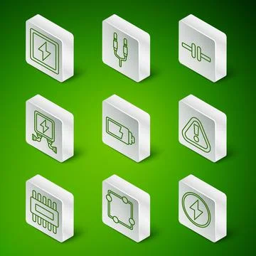 Set line Lightning bolt, Electric circuit scheme, Battery charge level indicator Ilustração Stock
