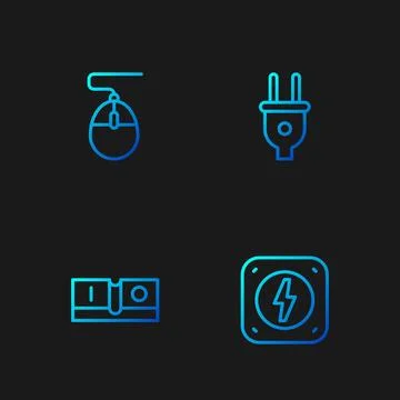 Set line Lightning bolt, Electric light switch, Computer mouse and plug Illustrazione stock
