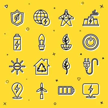 Set line Lightning bolt, Electric plug, Power button, tower, bulb, Battery Stock Illustration