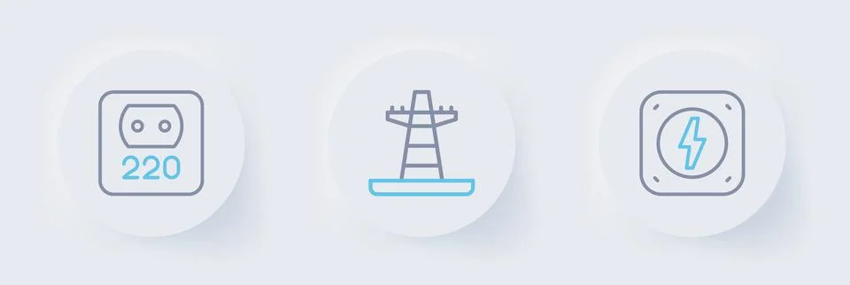 Set line Lightning bolt, Electric tower line and Electrical outlet icon. Vect Stock Illustration