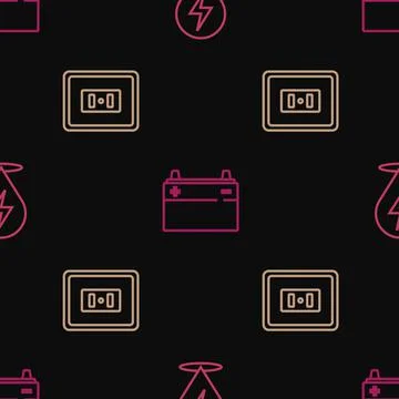 Set line Lightning bolt, Electrical outlet and Car battery on seamless pattern Illustrazione stock