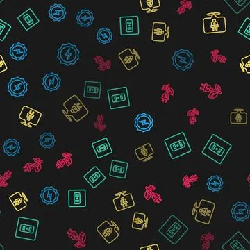 Set line Lightning bolt, Electrical outlet, plug and saving leaf on seamless 스톡 일러스트