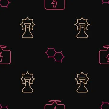 Set line Lightning bolt, Explosion the flask and Chemical formula on seamle.. Illustrazione stock