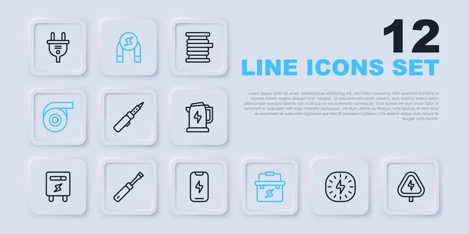 Set line Lightning bolt, High voltage, Soldering iron, Toolbox electrician,.. Stock Illustration