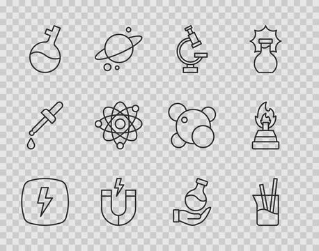 Set line Lightning bolt, Laboratory glassware, Microscope, Magnet, Test tube Stock Illustration