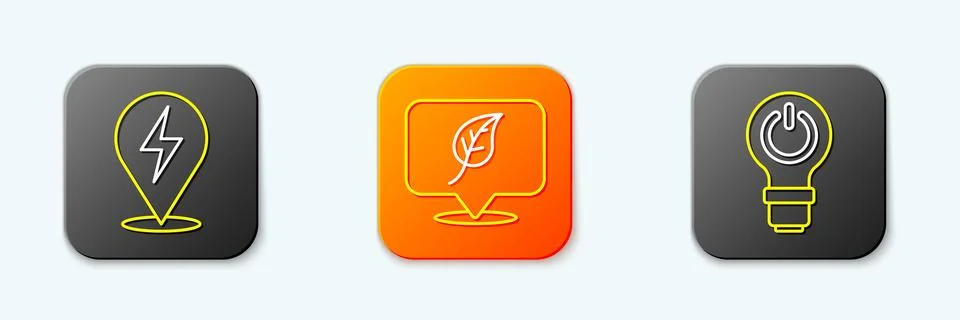 Set line Lightning bolt, Location with leaf and bulb lightning icon. Vector Ilustración de archivo